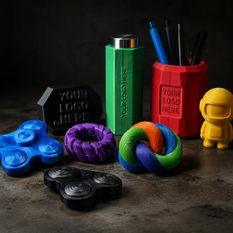 Assorted 3D printed fidget toys and desk accessories with logo space