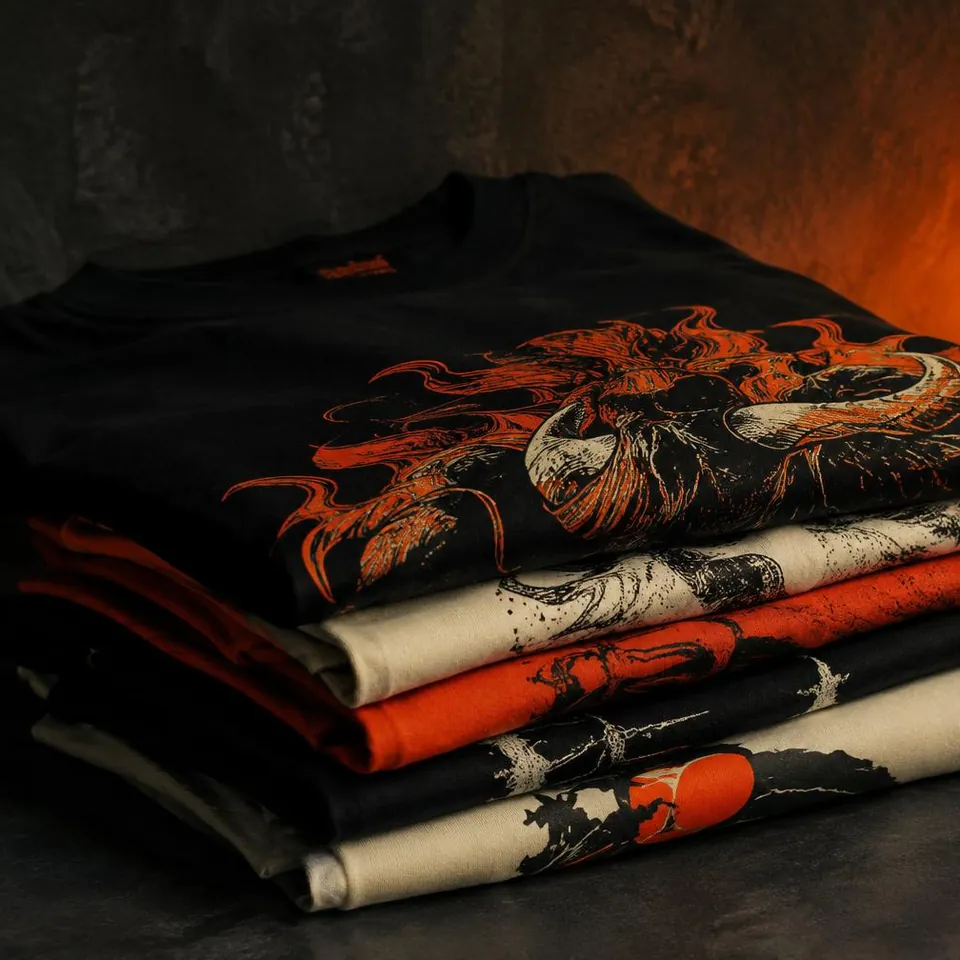 Stack of folded screen printed t-shirts
